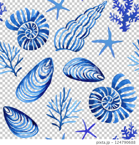 watercolor seamless pattern, with blue seashells. mediterranean prin 124790688