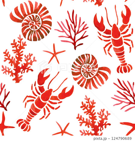 watercolor seamless pattern, with seashells, lobsters. mediterranean print watercolor seamless pattern, with seashells, lobsters. mediterranean print 124790689