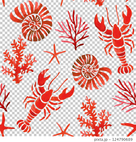 watercolor seamless pattern, with seashells, lobsters. mediterranean print watercolor seamless pattern, with seashells, lobsters. mediterranean print 124790689