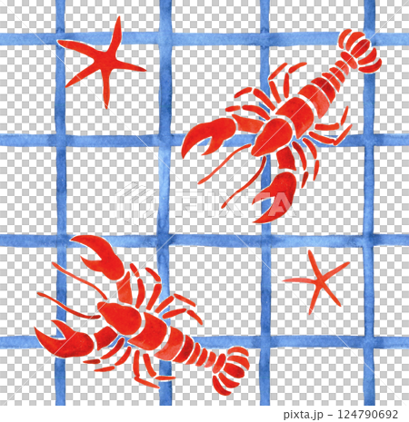 watercolor seamless pattern, blue checkered tablecloth with red sea lobsters 124790692