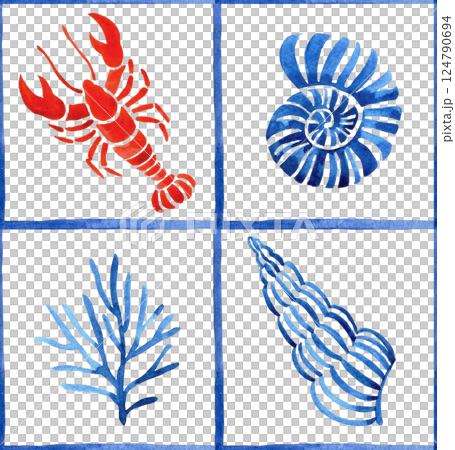 watercolor seamless pattern, blue tile print with red sea lobsters and seashells watercolor seamless pattern, blue tile print with red sea lobsters and seashells 124790694