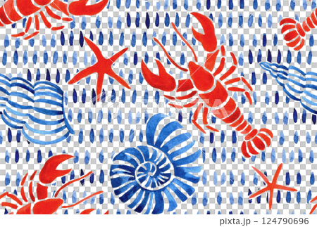 watercolor seamless pattern, with seashells, lobsters. mediterranean print watercolor seamless pattern, with seashells, lobsters. mediterranean print 124790696