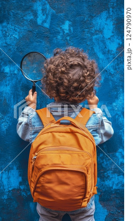 Child with curly hair exploring a blue wall using a magnifying glass in a vibrant urban area 124790970