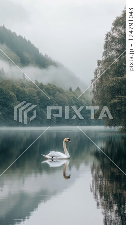 Serene swan gliding on misty lake surrounded by...のイラスト素材 [124791043 ...