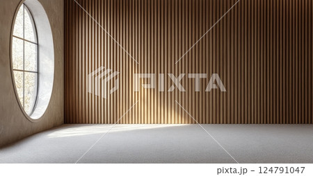 Modern interior space with wooden wall and natural light in bright room 124791047