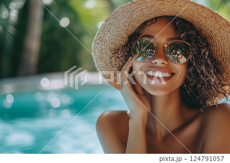 Young woman enjoying a sunny day by the pool with a smile and stylish accessories 124791057
