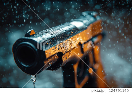 Close-up of a wet handgun in the rain with droplets and blurred background Close-up of a wet handgun in the rain with droplets and blurred background 124791140