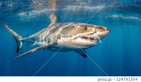 Majestic great white shark swimming in deep blue ocean waters Majestic great white shark swimming in deep blue ocean waters 124791354