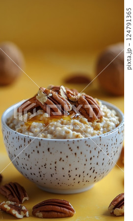 Healthy oatmeal bowl with pecans and honey on a vibrant yellow background Healthy oatmeal bowl with pecans and honey on a vibrant yellow background 124791365