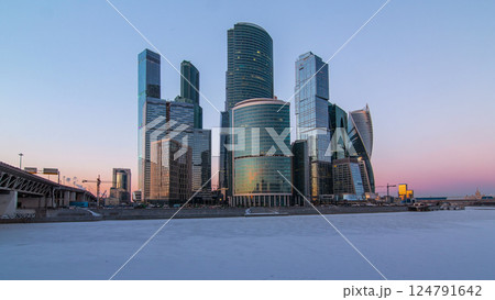 Moscow City skyscrapers in winter day to night timelapse. 124791642