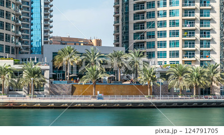 Dubai Marina towers and waterfall in Dubai timelapse hyperlapse 124791705