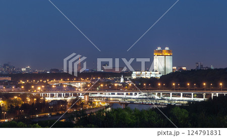 Academy of Sciences and the Shukhov Tower from the observation deck on the Sparrow Hills in Moscow timelapse 124791831