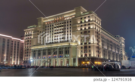 View of the eastern facade of the old Hotel Moskva from Manege Square timelapse hyperlapse. Moscow, Russia View of the eastern facade of the old Hotel Moskva from Manege Square timelapse hyperlapse. Moscow, Russia 124791916