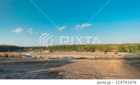 Panoramic landscape transform into urban area with machinery timelapse. 124791976