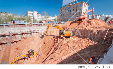 A large huge ditch pit tunnel timelapse at the construction site of the underground metro station line. A large huge ditch pit tunnel timelapse at the construction site of the underground metro station line. 124791993