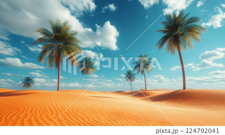 Beautiful sandy desert landscape with palm trees under a bright blue sky 124792041