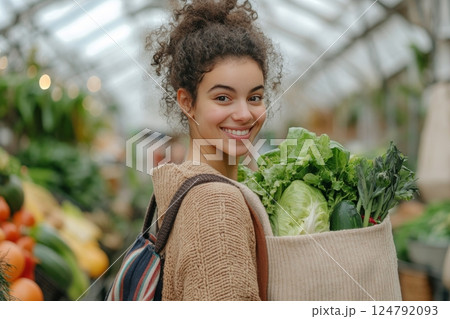 Young woman smiling with a reusable bag full of fresh vegetables at a local market during daylight 124792093
