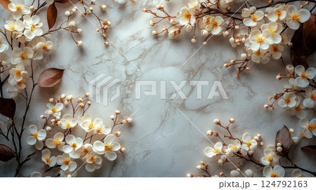 Delicate floral arrangement on marble surface showcasing spring beauty and elegance 124792163