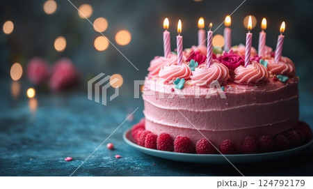 Delightful raspberry cake with candles and decorations for a joyful celebration 124792179