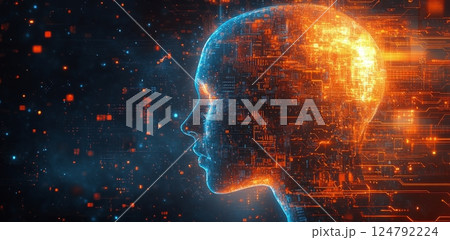 Digital silhouette of a human head with glowing circuitry and energy patterns at night 124792224