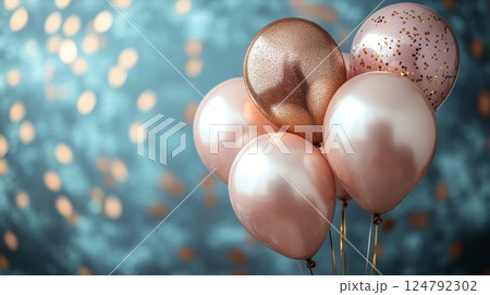 Festive balloons in shades of pink and gold against a sparkling blue background 124792302