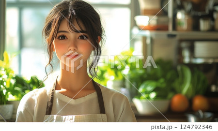 Young woman stands in a bright kitchen surrounded by fresh herbs and vegetables during the day 124792346