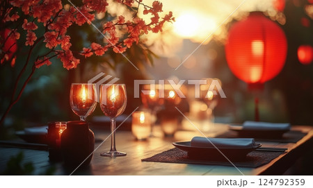 Cozy Asian restaurant interior with red lanterns and wooden tables in a vibrant setting 124792359