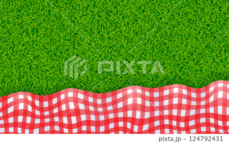 Red and white tablecloth on green grass background Red and white tablecloth on green grass background 124792431