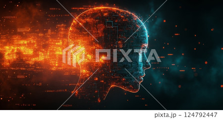 Digital silhouette of a human head with glowing circuitry and energy patterns at night Digital silhouette of a human head with glowing circuitry and energy patterns at night 124792447