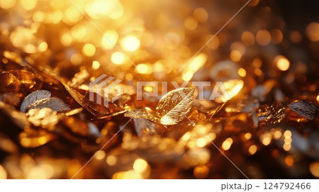 Golden leaves shimmering in warm light create a captivating autumn landscape during sunset 124792466