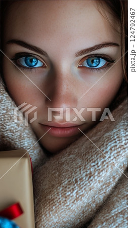 Festive portrait of a girl surrounded by holiday gifts with a cozy sweater 124792467