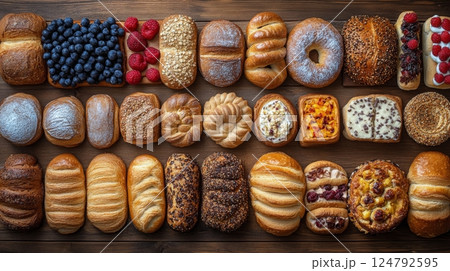 Delicious assortment of baked goods arranged on a wooden table showcasing various pastries and fruits Delicious assortment of baked goods arranged on a wooden table showcasing various pastries and fruits 124792595