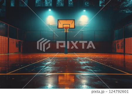 Light filters into an empty basketball court creating a serene atmosphere Light filters into an empty basketball court creating a serene atmosphere 124792601