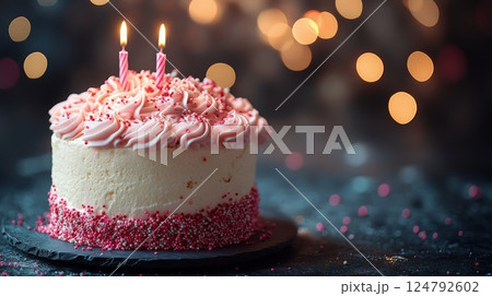 Delightful cake topped with candles and sprinkles for a celebration in a festive atmosphere Delightful cake topped with candles and sprinkles for a celebration in a festive atmosphere 124792602