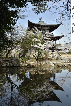 大本山勧修寺 氷室池に映る観音堂とサクラ(京都市山科区) 大本山勧修寺 氷室池に映る観音堂とサクラ(京都市山科区) 124792620