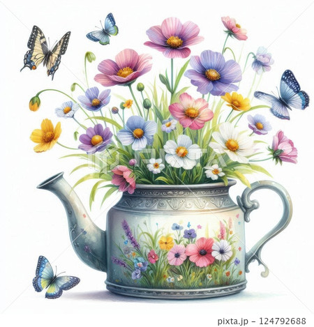 Charming still life painting with expressive floral design and soft vintage tones. Gentle brushstrokes capture joy and affection. Perfect for handmade card art. 124792688