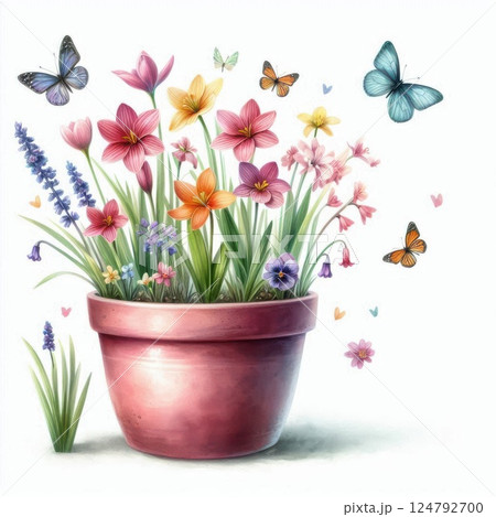 Watercolor illustration features a floral bouquet in a rustic flowerpot. Soft pastels and delicate brushwork evoke warmth and romance. Ideal for greeting cards or spring decor. 124792700