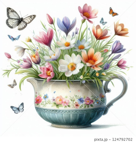 Watercolor illustration features a floral bouquet in a rustic flowerpot. Soft pastels and delicate brushwork evoke warmth and romance. Ideal for greeting cards or spring decor. 124792702