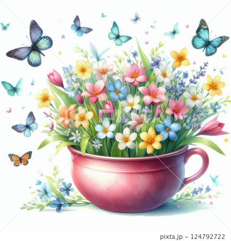 Whimsical still life painting of vibrant flowers and butterflies in a rustic flower pot. Full of charm, movement, and vivid color on a white background. 124792722
