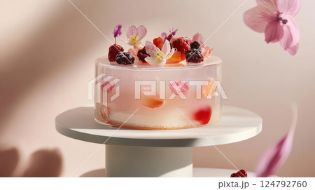 Delicate floral cake with transparent glaze and fresh berries, minimal styling on white background emphasizes ethereal charm 124792760
