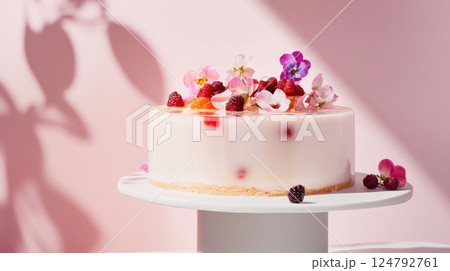 Clear-glazed cake topped with flowers and fruit, photographed in soft natural light for a dreamy, refined dessert aesthetic 124792761