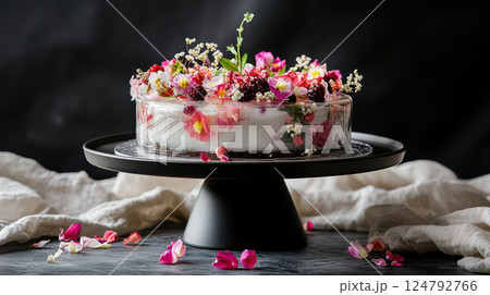 Sculptural cake centerpiece featuring vibrant blooms and berries in a glass-like glaze, with rich shadows and highlights adding elegance 124792766