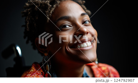 Portrait of a smiling wheelchair user, confident and beautiful, empowering Portrait of a smiling wheelchair user, confident and beautiful, empowering 124792907
