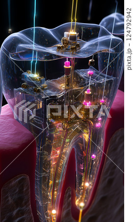 Nanobots rebuilding dentin structure from within a tooth cavity, cross-section view 124792942