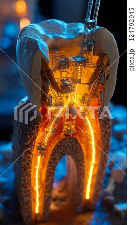 Nanobots rebuilding dentin structure from within a tooth cavity, cross-section view Nanobots rebuilding dentin structure from within a tooth cavity, cross-section view 124792945