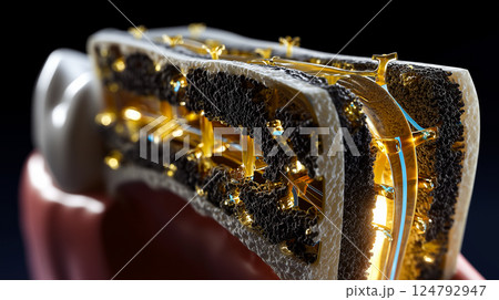 Nanobots rebuilding dentin structure from within a tooth cavity, cross-section view 124792947