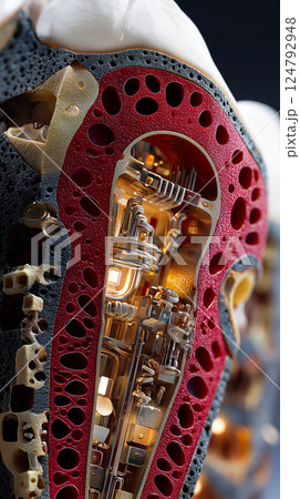 Nanobots rebuilding dentin structure from within a tooth cavity, cross-section view 124792948