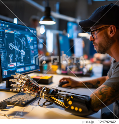 Person with a prosthetic arm using 3D modeling software in a creative studio 124792982