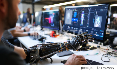 Person with a prosthetic arm using 3D modeling software in a creative studio Person with a prosthetic arm using 3D modeling software in a creative studio 124792995