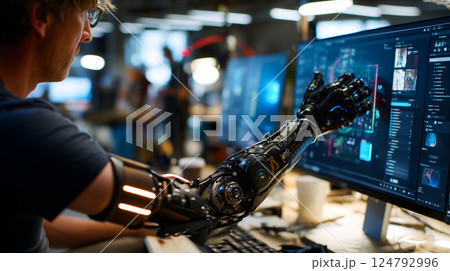 Person with a prosthetic arm using 3D modeling software in a creative studio 124792996